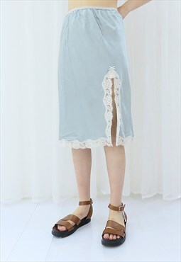 80s Vintage Blue Satin Lace Skirt (Size L-XL)