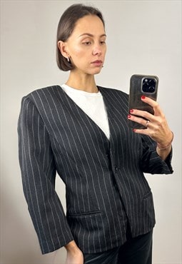 Grey Striped Wool Blazer, Oversized designer jacket
