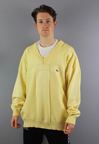 VINTAGE LACOSTE V NECK SWEATSHIRT IN YELLOW WITH EMBROIDERED