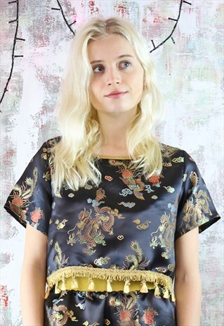 TOP IN BLACK SATIN WITH CHINESE DRAGONS & GOLD TASSELS