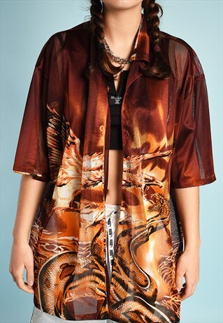 Y2K NOVELTY PRINT MESH FESTIVAL OVERSIZED SHEER BLOUSE TOP