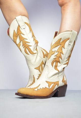 VINTAGE 90S CREAM & BROWN LEATHER SUEDE COWBOY BOOTS BOHO