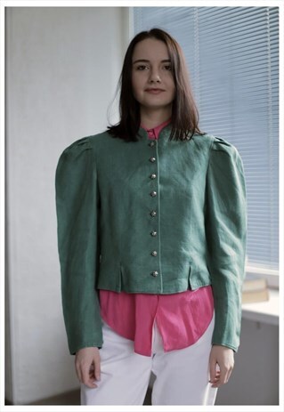 VINTAGE GREEN LINEN PUFF SLEEVES JACKET