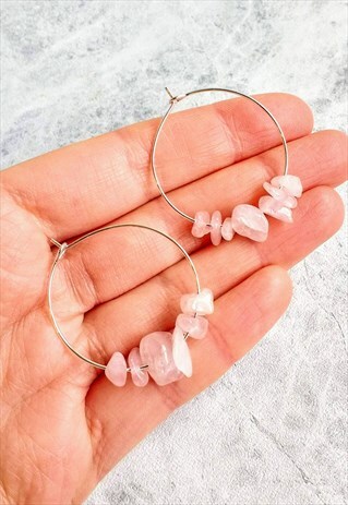 ROSE QUARTZ GEM STONE HOOP EARRINGS
