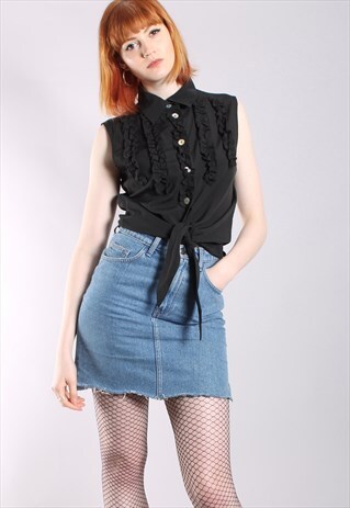 VINTAGE 90S BLACK RUFFLE TIE UP CROPPED SHIRT TOP