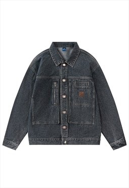 Utility denim jacket vintage wash varsity grunge jean bomber