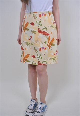 90S FLORAL MIDI SKIRT, VINTAGE YELLOW NATURE MIDLE SKIRT