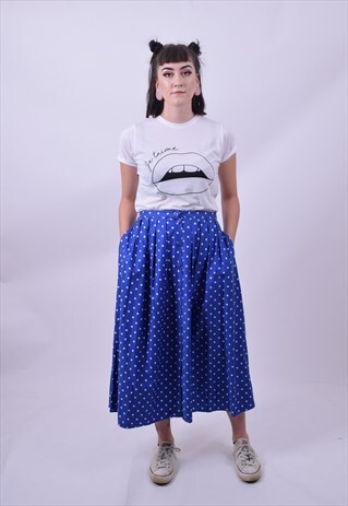 VINTAGE 90'S FULL LENGTH BLUE WHITE POLKA DOT SKIRT SIZE 12