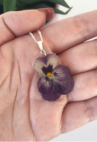 PANSY NECKLACE, FLOWER JEWELLERY, REAL FLOWER, SILVER