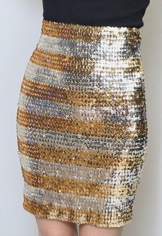 VINTAGE 1970'S GOLD & SILVER SEQUIN FESTIVAL MINI SKIRT
