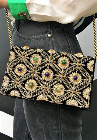 VINTAGE BLACK AND GOLD BEADED BAG WITH SEMI PRECIOUS STONES
