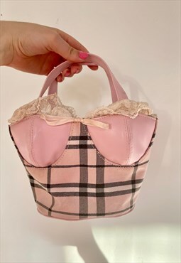 Y2K pink checked corset bag with frill & lace up details