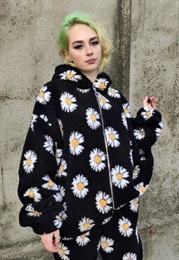Daisy print fleece jacket handmade sunflower bomber in black
