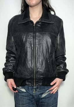 Leather bomber jacket vintage 90s with cargo pockets 