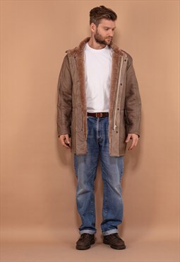 Vintage 70's Men Sheepskin Leather Coat in Beige