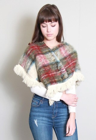 VINTAGE 1970'S FUZZY TARTAN CROPPED TASSLED CAPELET