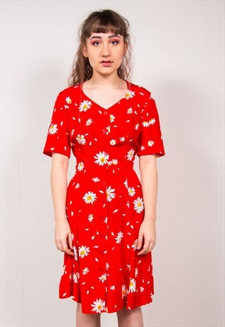 VINTAGE 90'S RED FLORAL PATTERN MIDI DRESS