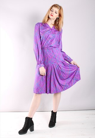 VINTAGE 70S PURPLE CHECK SATIN SHIRT DRESS