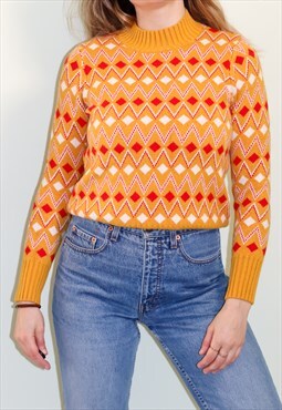 1970's Style Mustard Printed Soft Thick Wool Knit Jumper