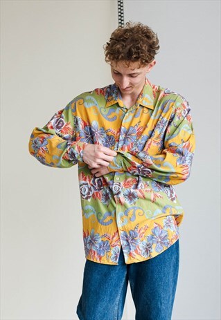 VINTAGE 80S CRAZY HAWAII FLORAL PATTERN LONG SLEEVE SHIRT XL