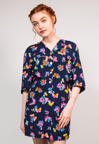 90'S NAVY BLUE BUTTERFLY PATTERN OVERSIZE SHIRT DRESS