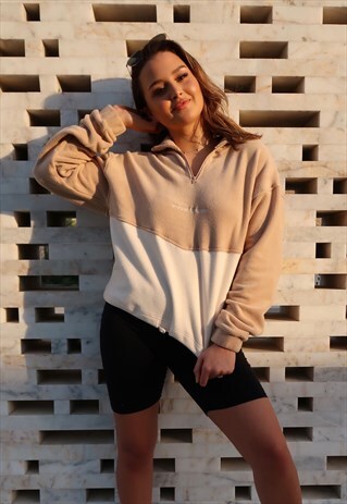 BEIGE AND WHITE 'WHATEVER SEASON' EMBROIDERED FLEECE