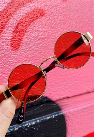 VINTAGE INSPIRED SUNGLASSES ROUND JOHN LENNON SHAPE RED GOLD