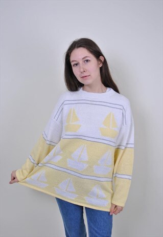 80S SEA PRINT SWEATSHIRT, VINTAGE SAILOR JUMPER, SIZE L