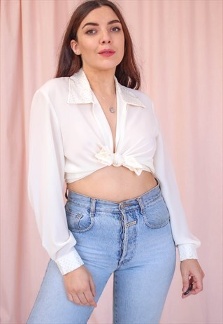 VINTAGE 80S CREAM CHIFFON BLOUSE WITH EMBROIDERED COLLAR