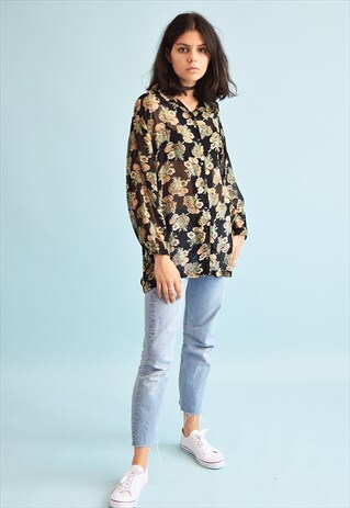 90'S RETRO FLORAL PRINT SHEER LOOSE-FITTED MOMS BLOUSE TOP