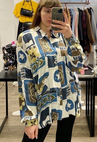 VINTAGE 80S SHIRT IN WHITE BLUE BROWN ABSTRACT PATTERN