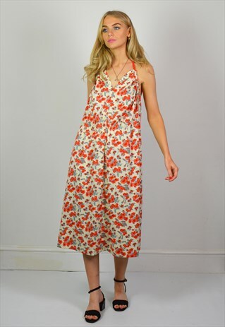 VINTAGE RED & CREAM FLORAL HALTER MIDI SUMMER DRESS
