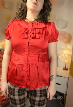 Vintage Y2K Red Silky Frill Ruffle Ruffles Blouse Shirt Top