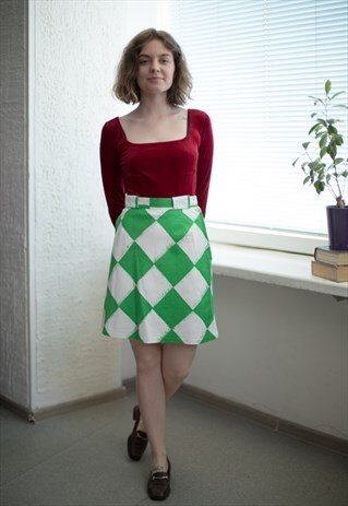 VINTAGE 80'S MINI GREEN/WHITE HIGH WAISTED SKIRT
