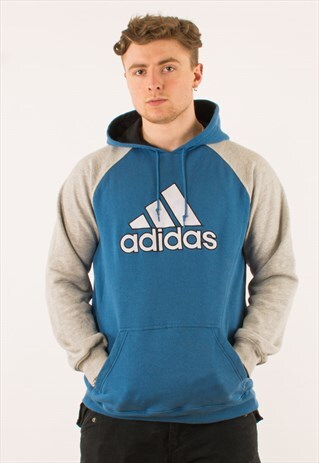 VINTAGE BLUE GREY ADIDAS HOODIE PULLOVER LARGE