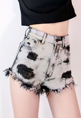 BLACK DENIM HIGH-RISE DISTRESSED WASHED HOT PANTS SHORTS