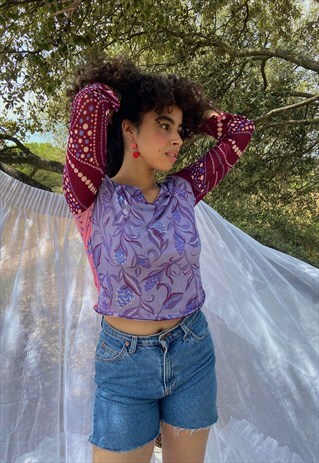 VINTAGE LATE 90S - 2000S PURPLE AND PINK FLORAL PRINT TOP