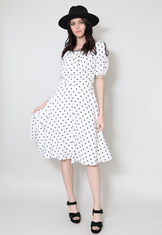 70'S VINTAGE LADIES DRESS WHITE BLACK POLKA DOT SHORT SLEEVE