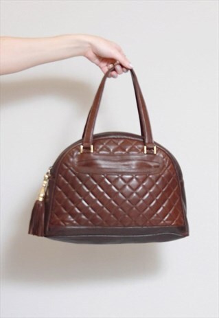 VINTAGE 1980'S BROWN QUILTED FAUX LEATHER HANDBAG BAG