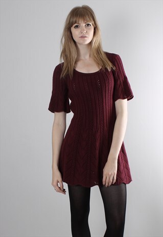 VINTAGE 80S MAROON CROCHET KNIT MINI DRESS