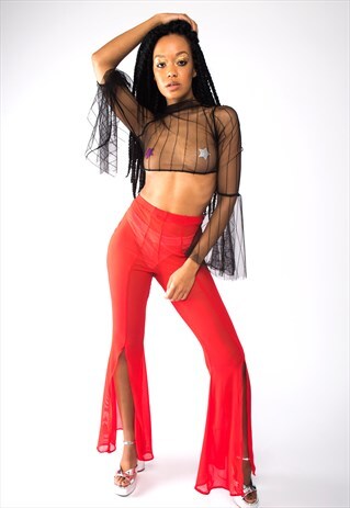 RED MESH SPLIT HIGH WAISTED FLARED TROUSERS