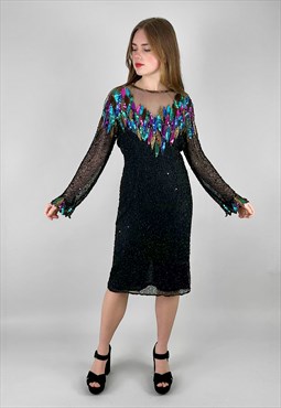 80's Vintage Long Sleeve Sequin Beaded Evening Dress