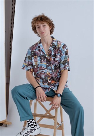 VINTAGE RELAXED FIT REVERE COLLAR SUMMER SHIRT IN MULTI M