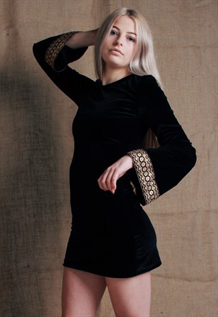 BLACK BELL SLEEVE VELVET DRESS WITH INDIAN EMBELLISHMENTS