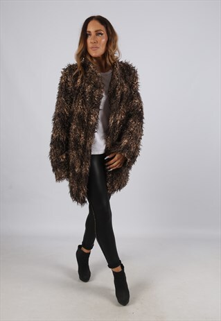 VINTAGE SHAGGY FAUX FUR COAT JACKET SHORT MID UK L 14 (CJ3H)
