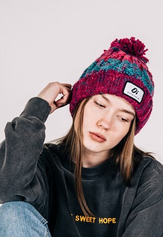 PINK POMPOM WARM WINTER HAT VINTAGE BEANIE