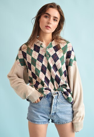 90'S RETRO KNIT ARGYLE PRINT OVERSIZED DADS JUMPER TOP