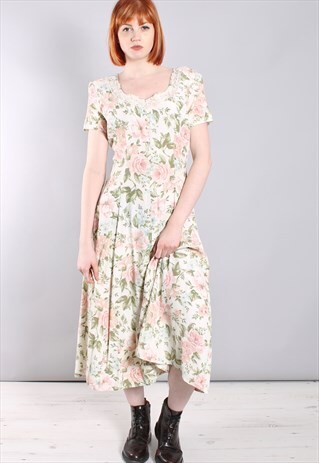 VINTAGE 80S FLORAL PATTERNED FITTED LACE TRIM MAXI DRESS