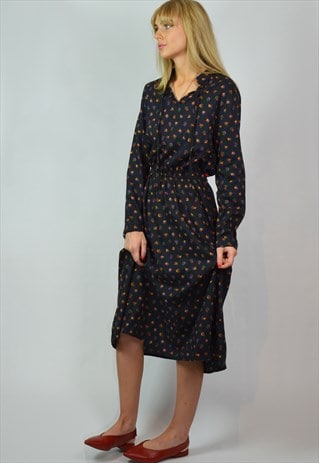 VINTAGE NAVY PATTERN MIDI SHIRT DRESS