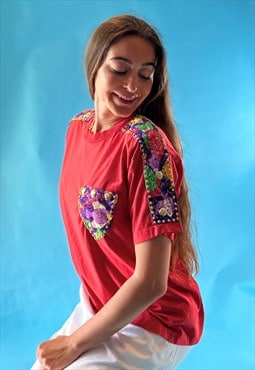 Red T-shirt Top with Shell Studs